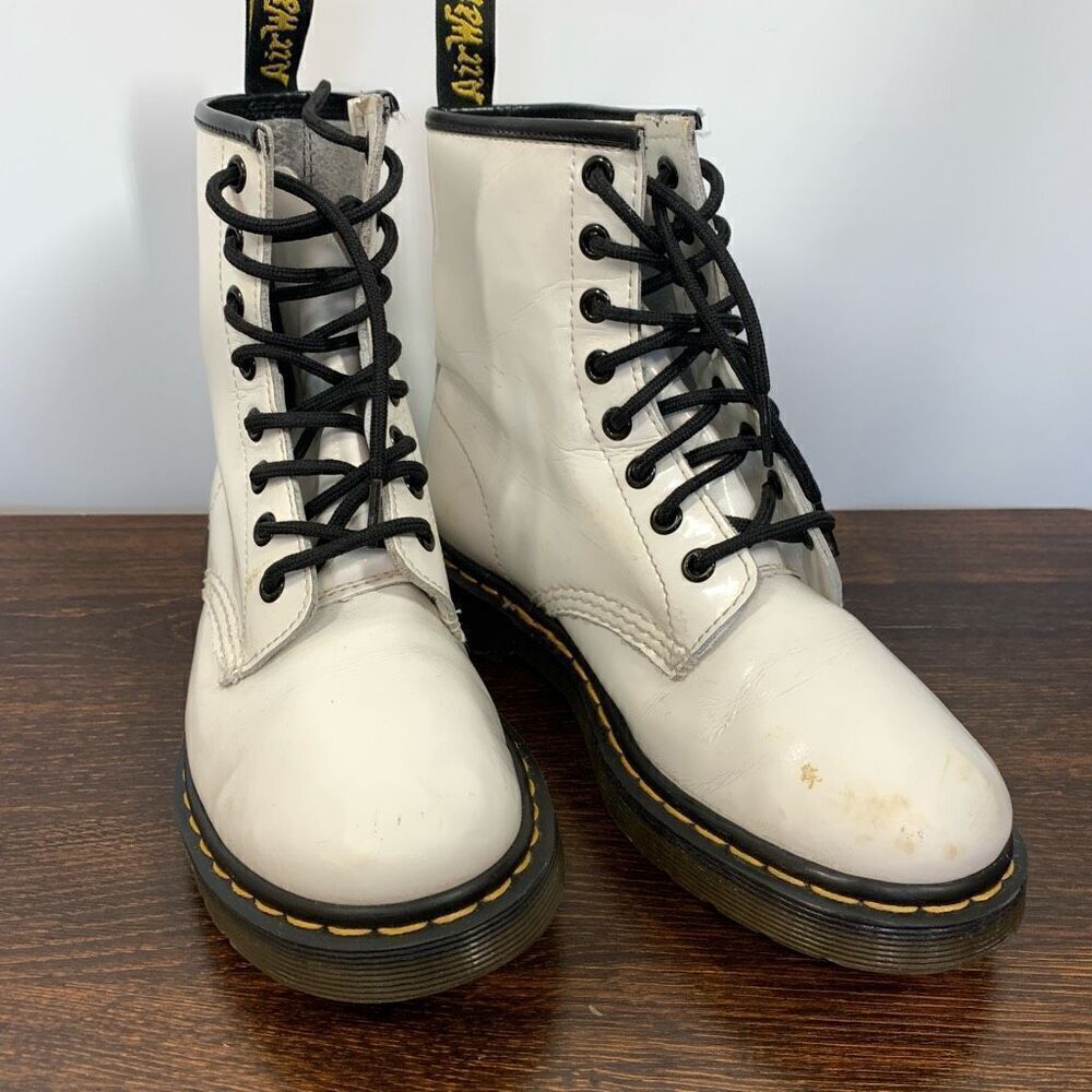 Dr Martens Women's Lace Up Block Heel Ankle Combat Boots White Black Size 6